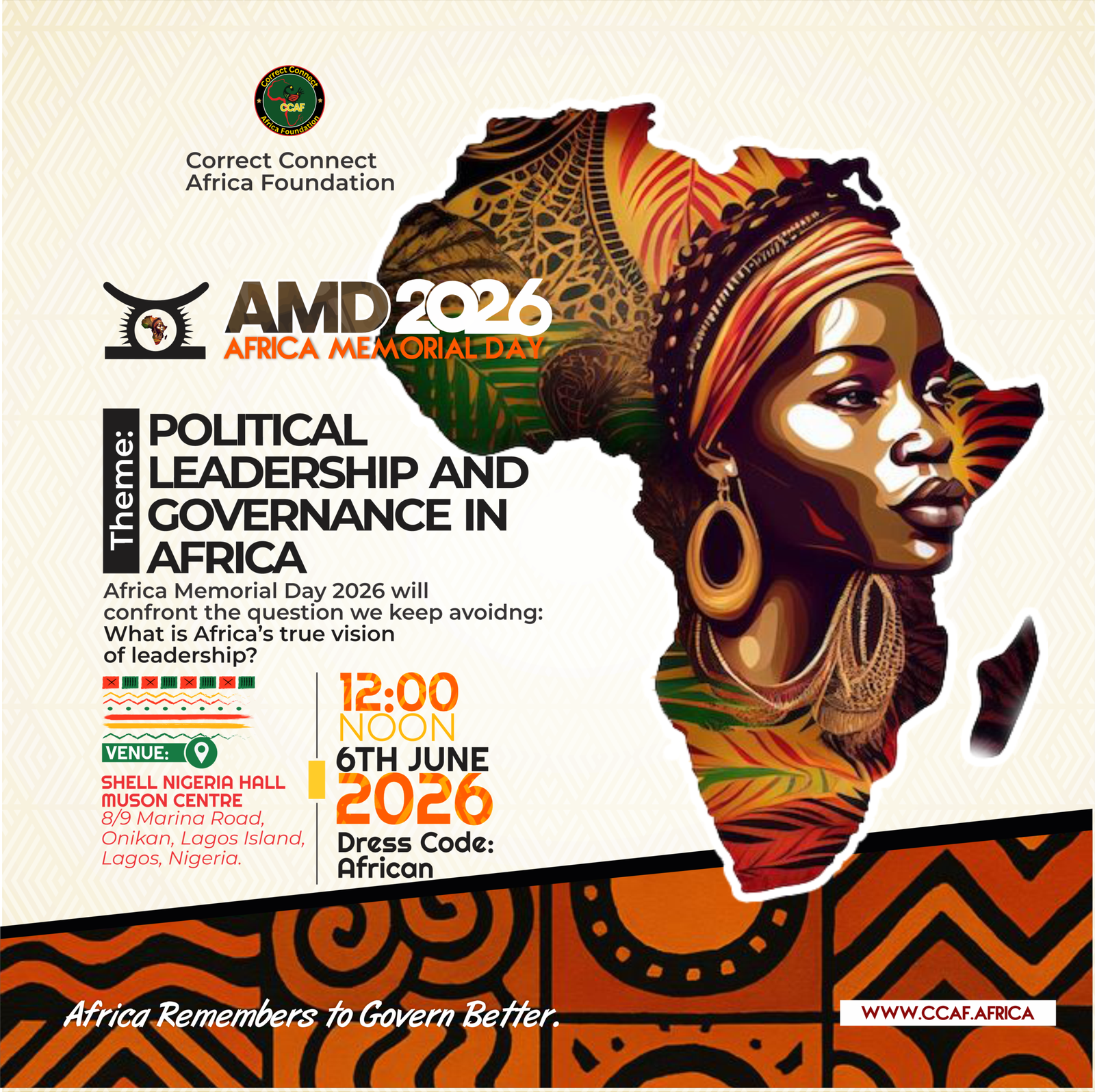 Bango la Africa Memorial Day 2026: uongozi wa kisiasa na utawala barani Afrika, 6 Juni 2026, Shell Nigeria Hall, MUSON Centre, Lagos